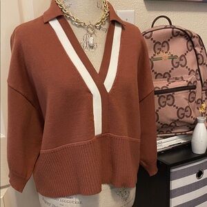 Glam Rust V-Neck Sweater with White Stripes